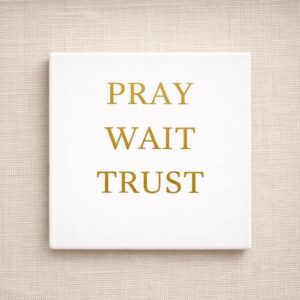 Tegel wit 13x13 ´pray, wait, trust`