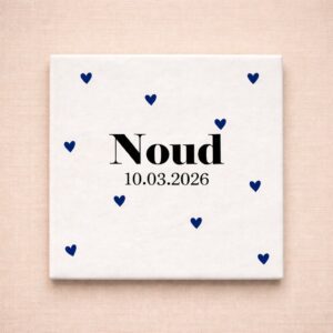 Tegel wit 13x13 "Naam met blauwe hartjes"